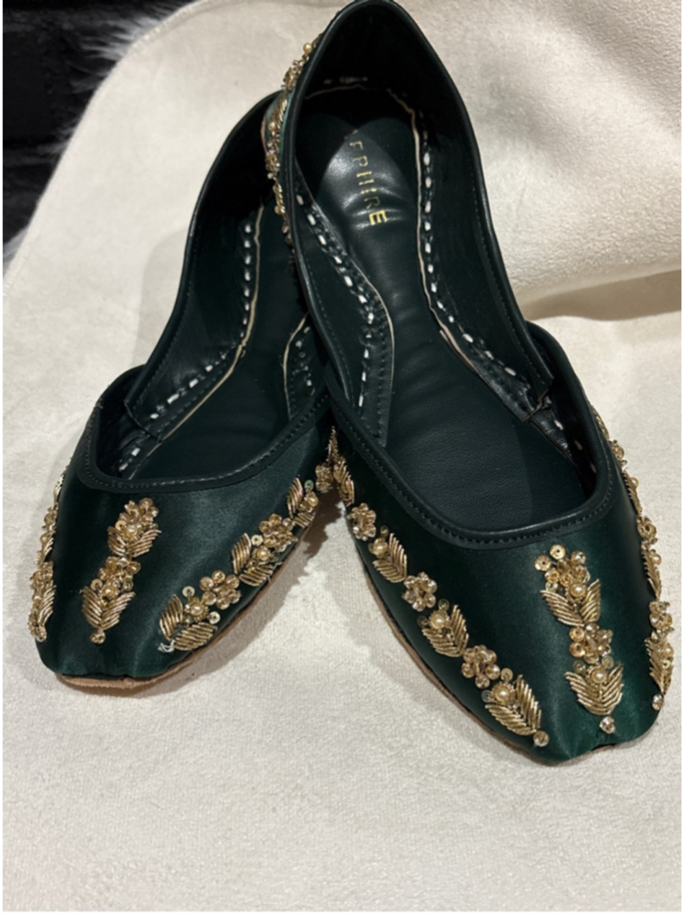 Embellished Dark Green Flats with Gold Beadwork